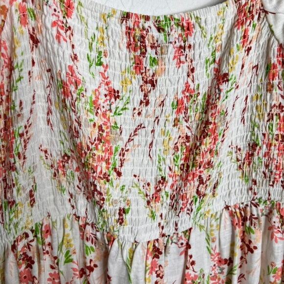 Forever 21 Dress XL Floral Maxi Puff Sleeve Smocked Bodice Square Neck Linen - Picture 7 of 11